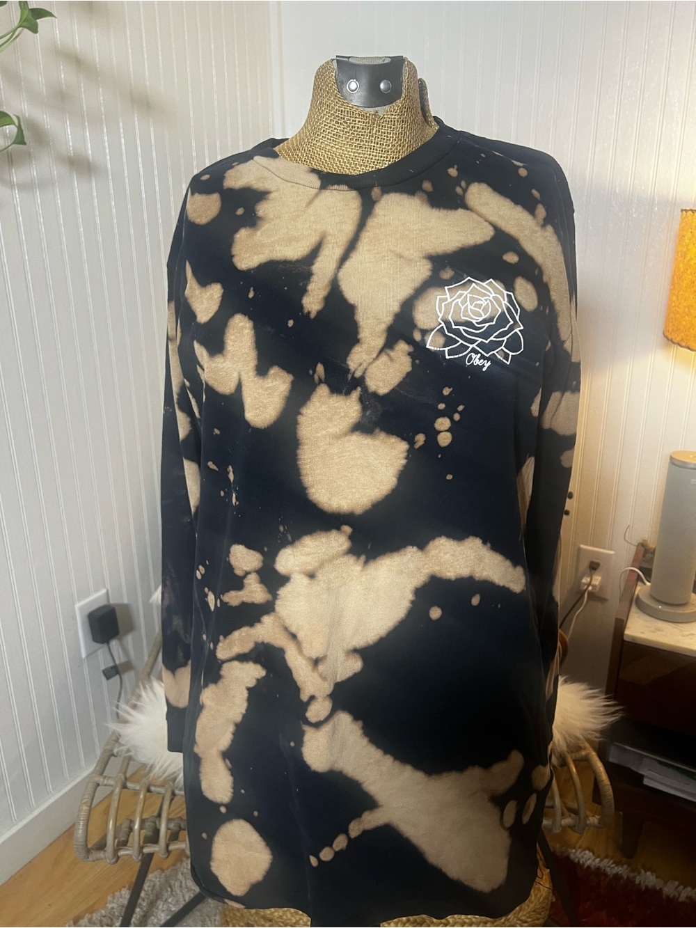 Tie-Dye Black & Tan Obey Crewneck long sleeve t-shirt with Rose Graphic